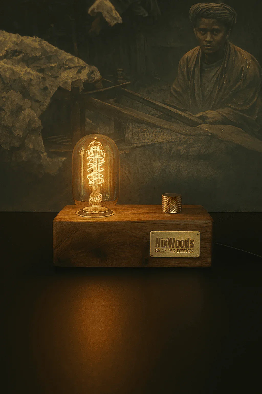 Teak Wood Vintage Table Lamp – Edison Bulb with Brass Dimmer | Handcrafted