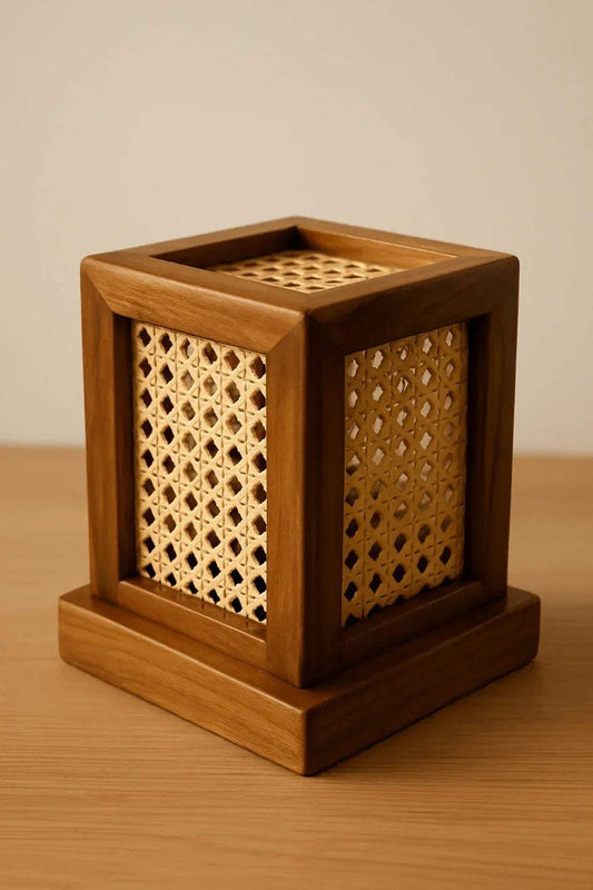 Teak Wood & Cane Glow Box Lamp โ Warm Ambient Lighting with Handmade Craftsmanship - NixWoods