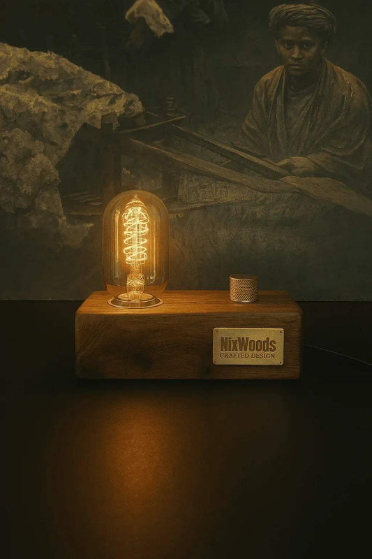 Rosewood Wood Vintage Table Lamp – Edison Bulb with Brass Dimmer | Handcrafted - NixWoods