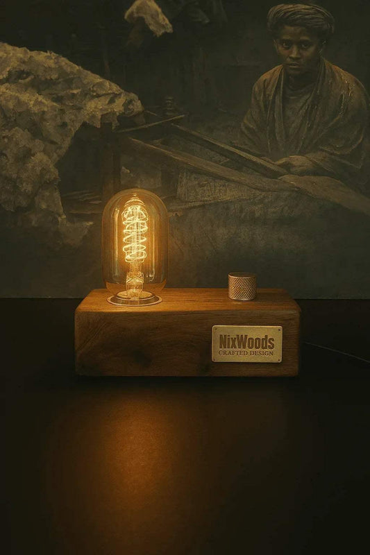 Rosewood Wood Vintage Table Lamp – Edison Bulb with Brass Dimmer | Handcrafted - NixWoods
