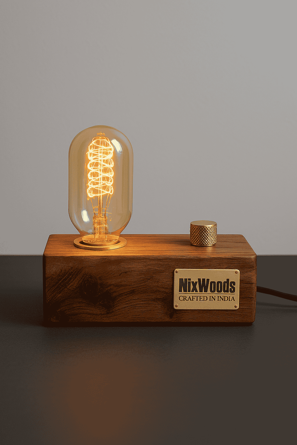 Teak Wood Vintage Table Lamp – Edison Bulb with Brass Dimmer | Handcrafted - NixWoods