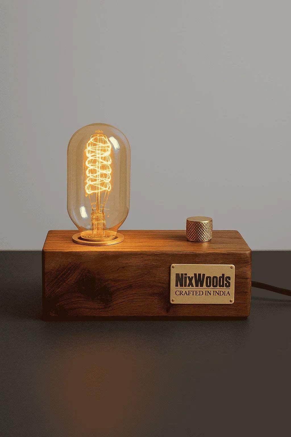Rosewood Wood Vintage Table Lamp – Edison Bulb with Brass Dimmer | Handcrafted - NixWoods