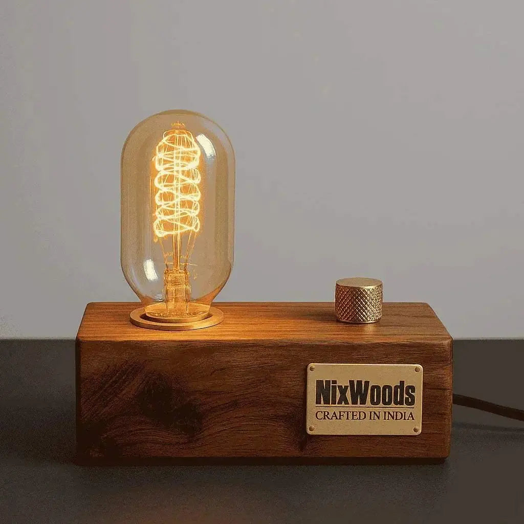Rosewood Edison table lamp front view on a dark desk with brass dimmer and NixWoods plate