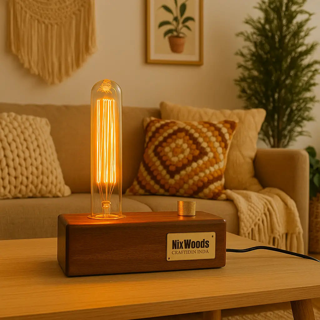Wooden lamp with a lit bulb on a table in a cozy living room.