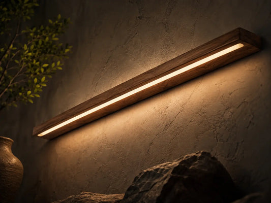 Close angled view of the NixWoods teak linear wall light glowing on a textured dark wall