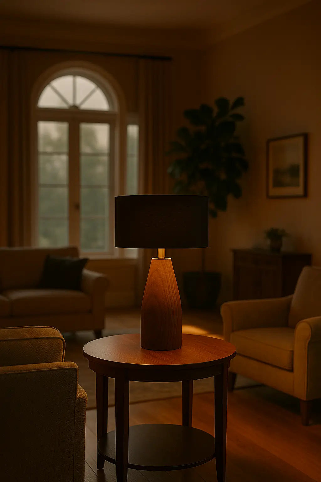 Rosewood Table Lamp with Black Fabric Shade – Modern Minimalist Wooden Lighting for Living Room & Bedroom