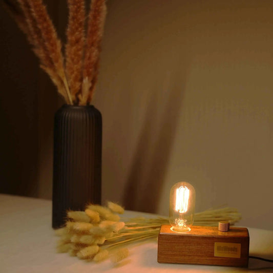 Rosewood Wood Vintage Table Lamp – Edison Bulb with Brass Dimmer | Handcrafted