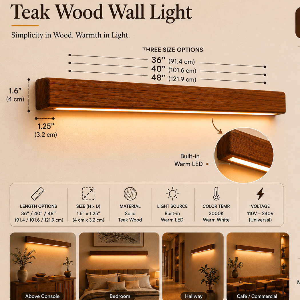 NixWoods Aurora teak wall light installed above a sofa as warm accent lighting in a living room