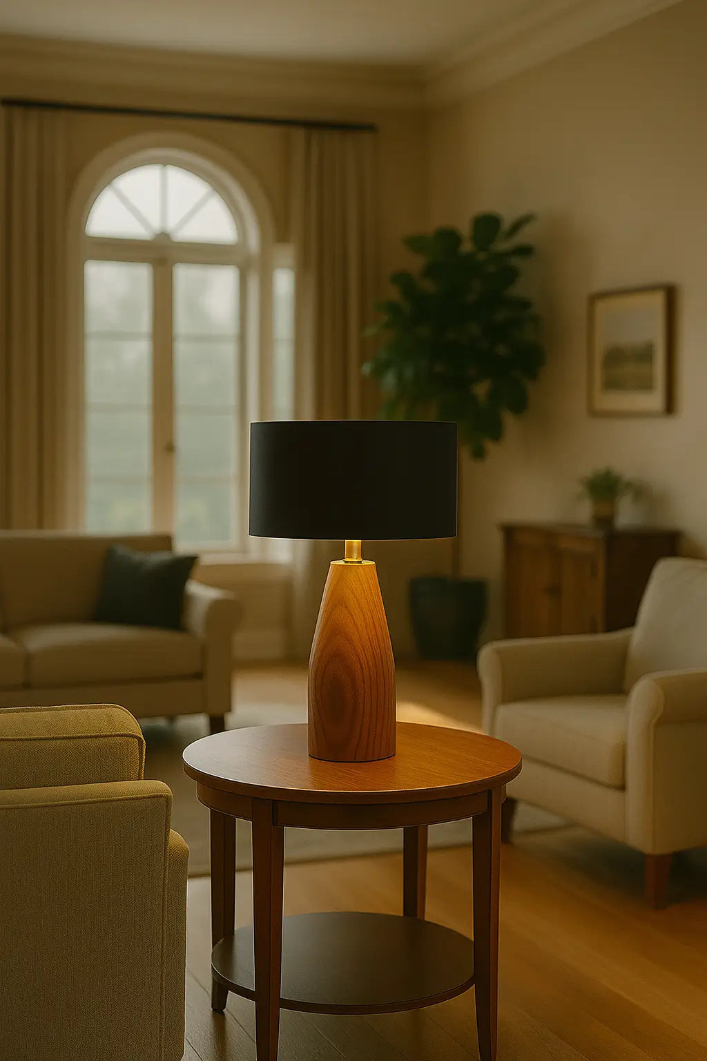 Rosewood Table Lamp with Black Fabric Shade – Modern Minimalist Wooden Lighting for Living Room & Bedroom