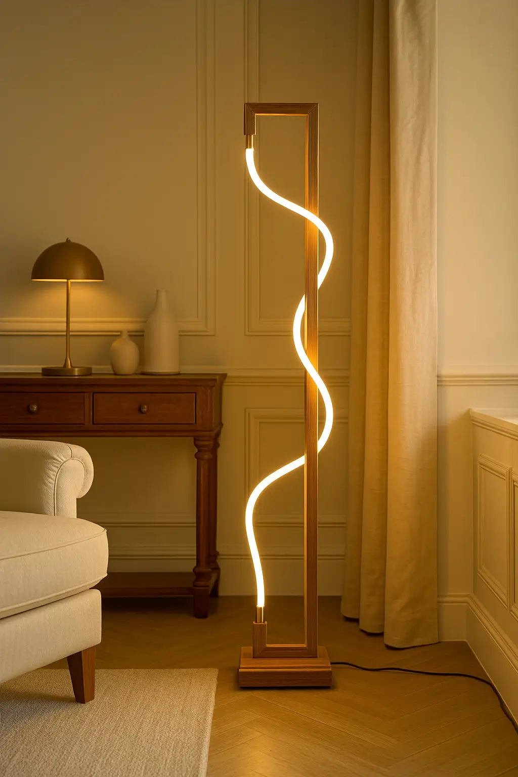 Luminous Spiral – Sculptural Sheesham Wood Floor Lamp with Dimmable Glow