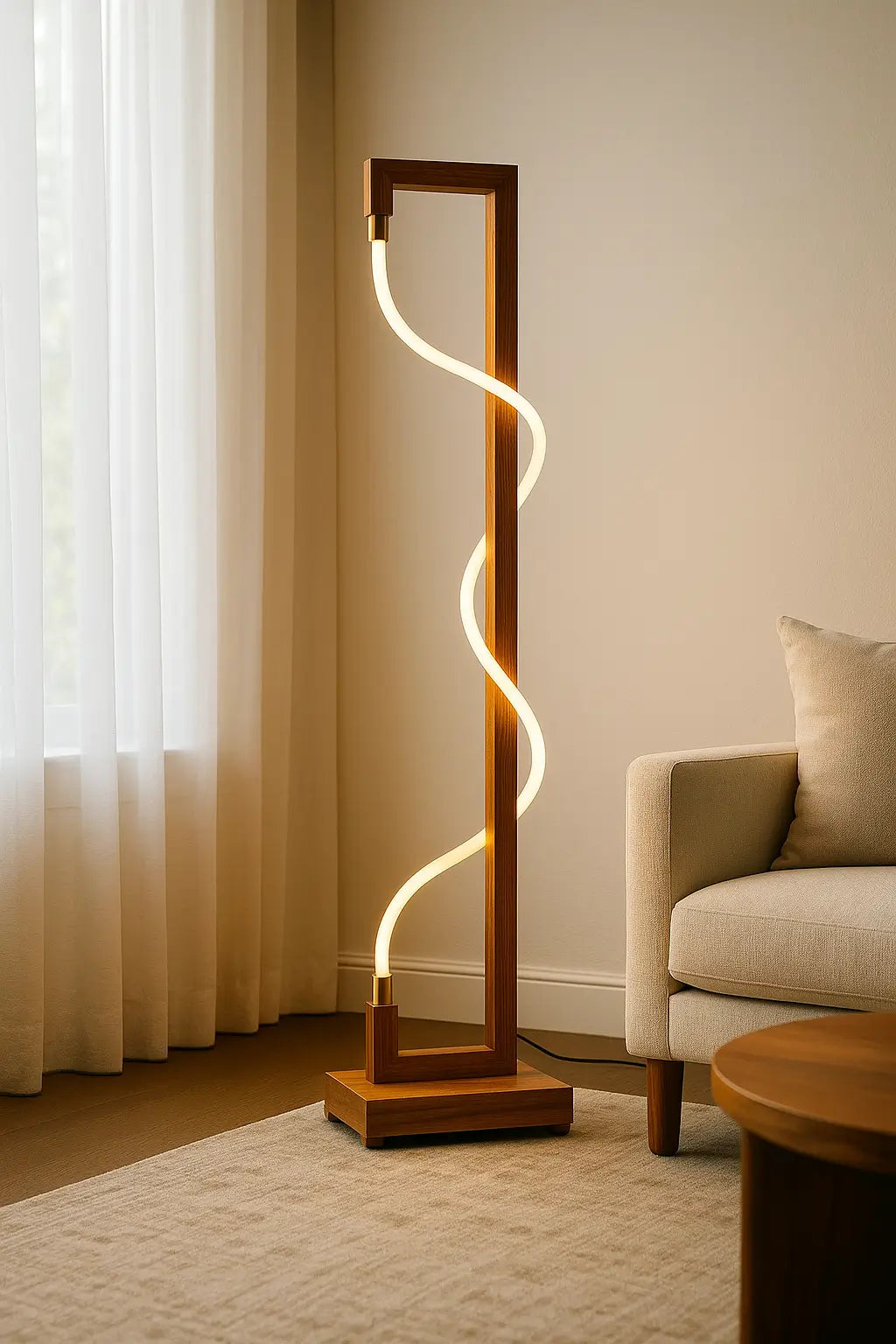 Luminous Spiral – Sculptural Sheesham Wood Floor Lamp with Dimmable Glow