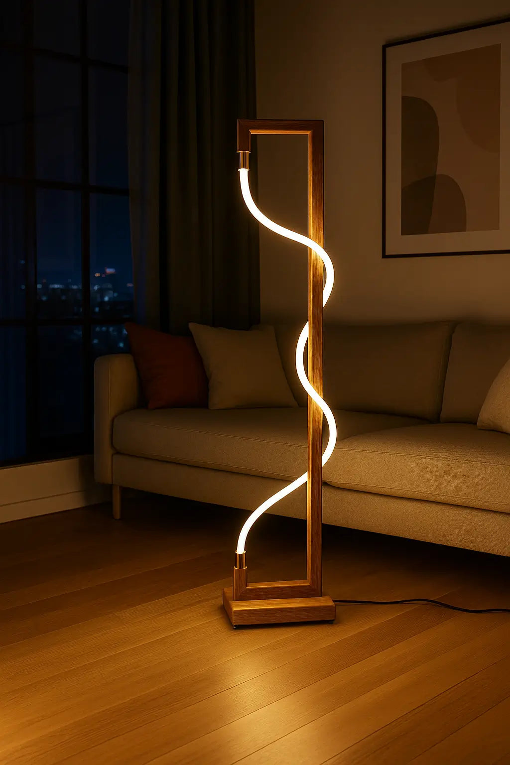 Luminous Spiral – Sculptural Sheesham Wood Floor Lamp with Dimmable Glow