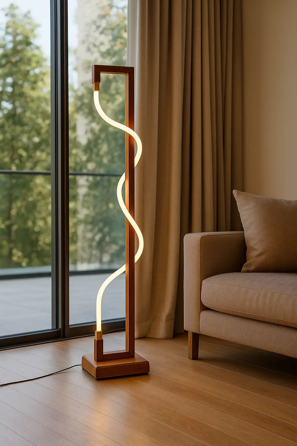 Luminous Spiral – Sculptural Sheesham Wood Floor Lamp with Dimmable Glow