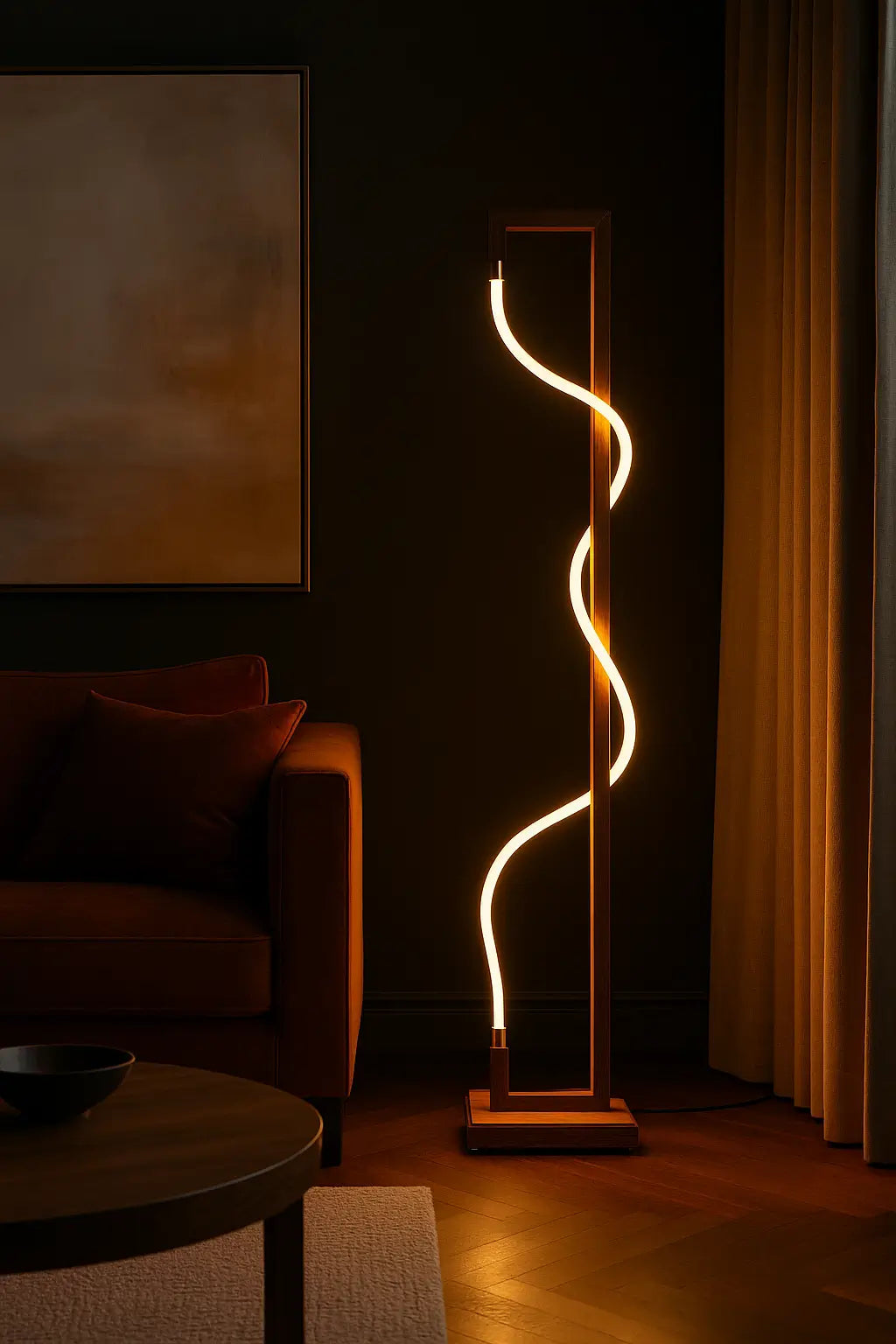 Luminous Spiral – Sculptural Sheesham Wood Floor Lamp with Dimmable Glow