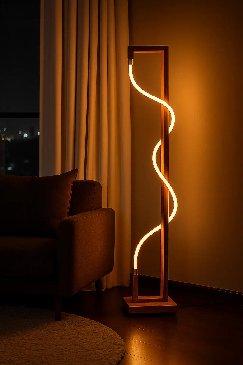 Luminous Spiral – Sculptural Sheesham Wood Floor Lamp with Dimmable Glow