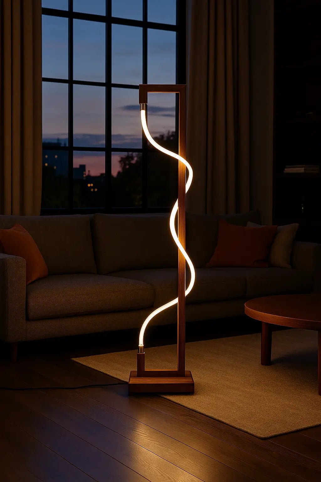 Luminous Spiral – Sculptural Sheesham Wood Floor Lamp with Dimmable Glow