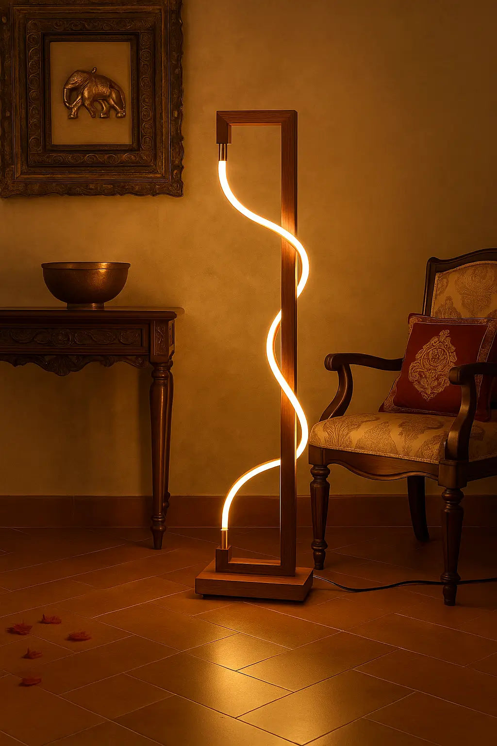 Luminous Spiral – Sculptural Sheesham Wood Floor Lamp with Dimmable Glow