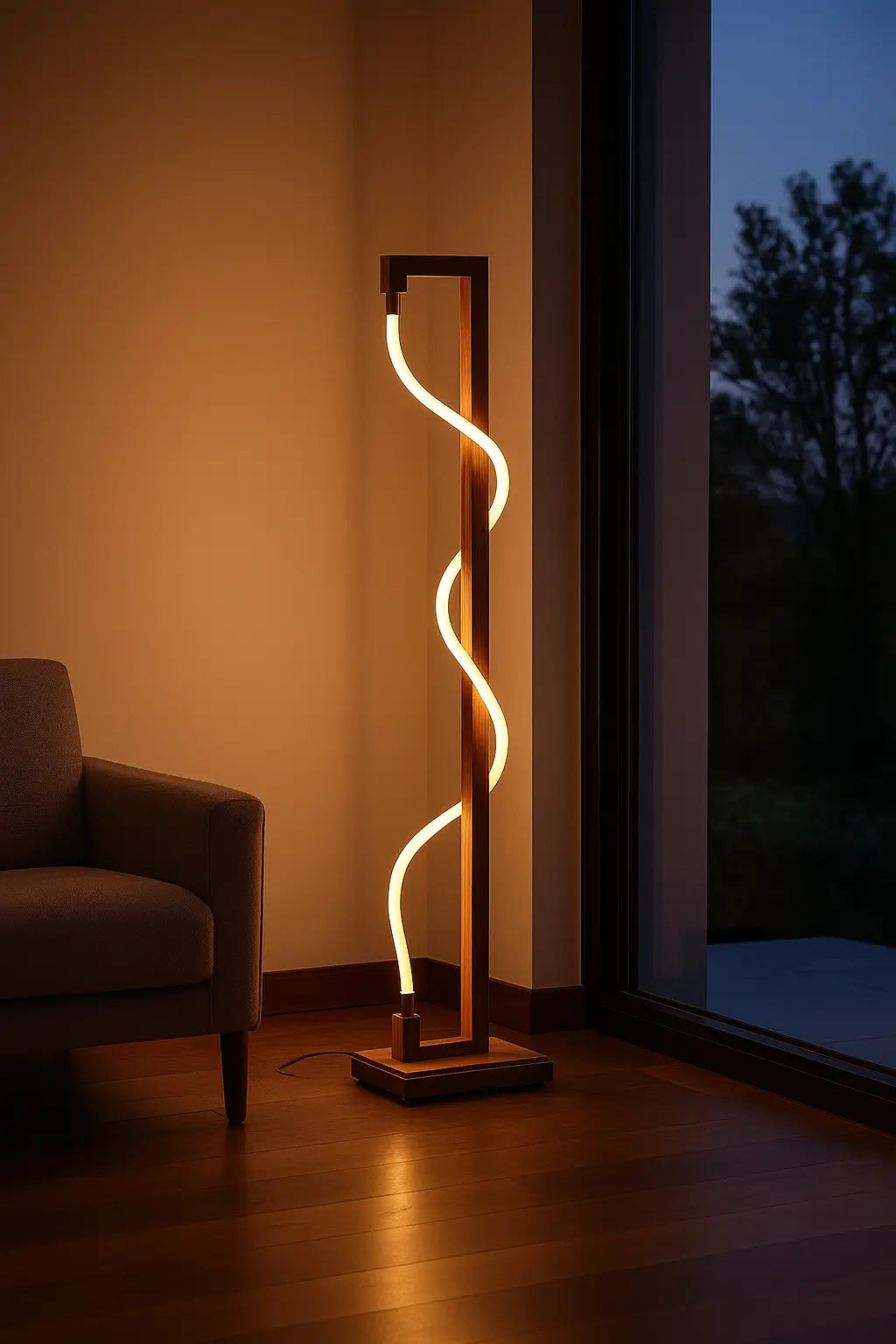 Luminous Spiral – Sculptural Sheesham Wood Floor Lamp with Dimmable Glow
