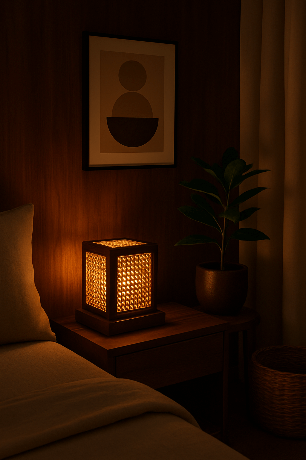 Teak Wood & Cane Glow Box Lamp – Warm Ambient Lighting with Handmade Craftsmanship