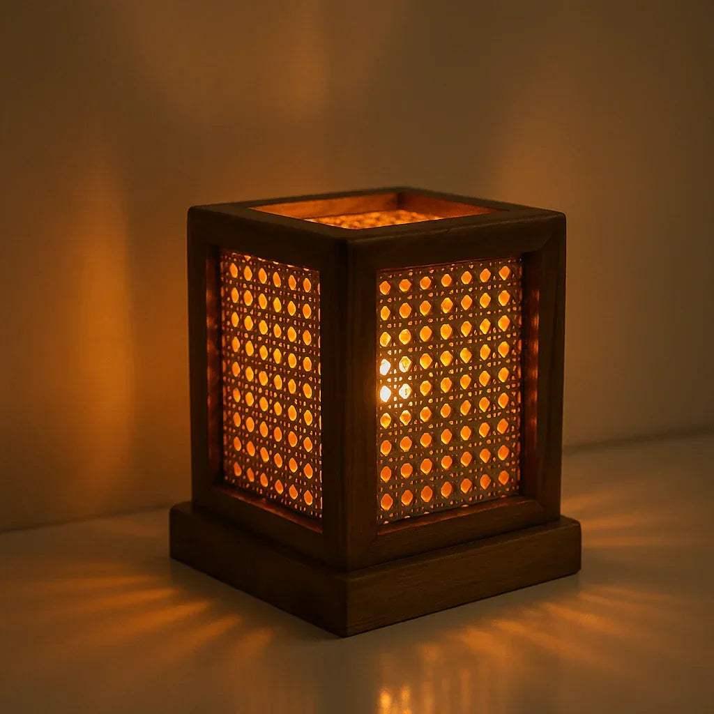 Teak Wood & Cane Glow Box Lamp – Warm Ambient Lighting with Handmade Craftsmanship - NixWoods