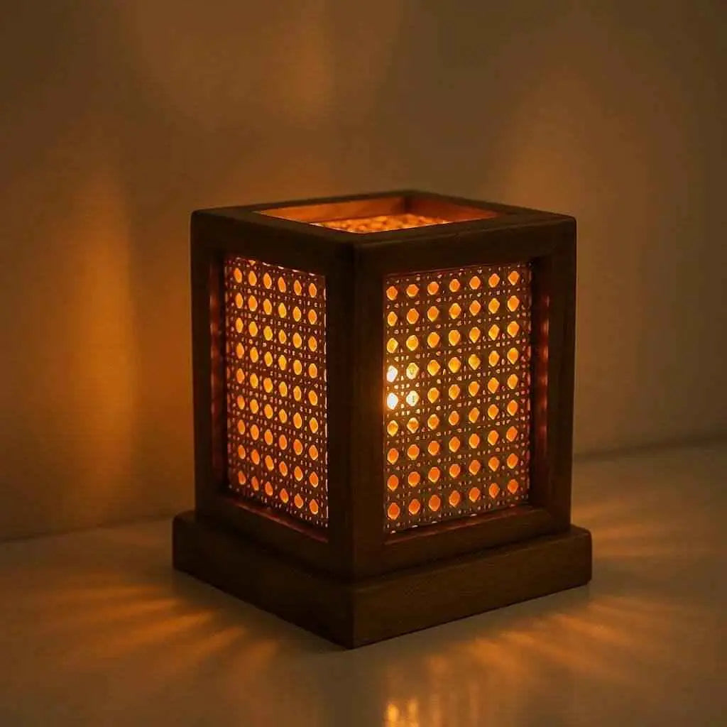 Teak Wood & Cane Glow Box Lamp – Warm Ambient Lighting with Handmade Craftsmanship