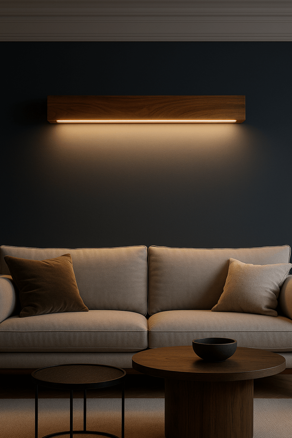 Modern living room with a gray sofa, wooden coffee table, and wall-mounted light fixture.