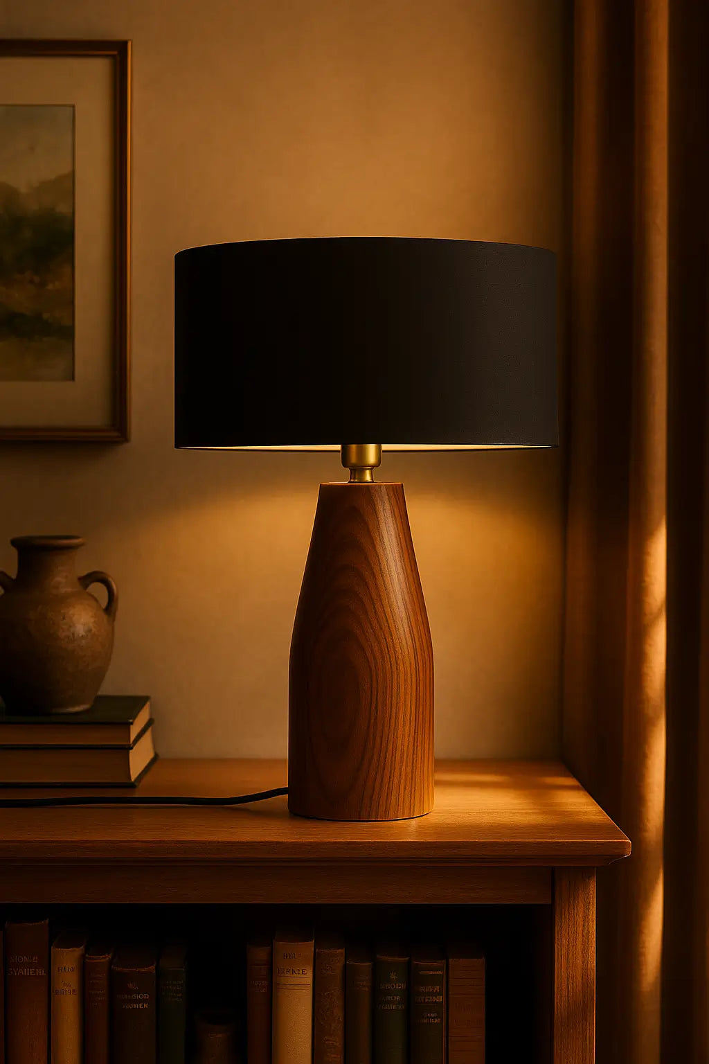 Rosewood Table Lamp with Black Fabric Shade – Modern Minimalist Wooden Lighting for Living Room & Bedroom
