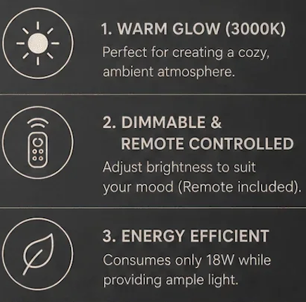 Pendant light features - warm 3000K glow, dimmable with remote, 18W energy use - NixWoods