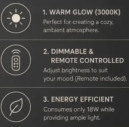 NixWoods lighting feature graphic listing 3000K warm glow, remote dimming and 18W energy use