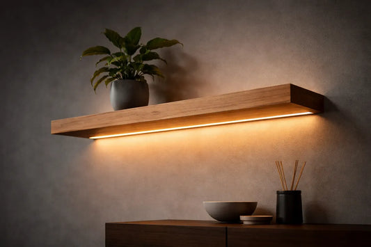 Wooden shelf with built-in lighting against a neutral wall with decorative items.