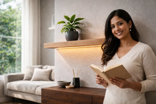 Woman reading a book in a cozy living room with a plant and decorative items.
