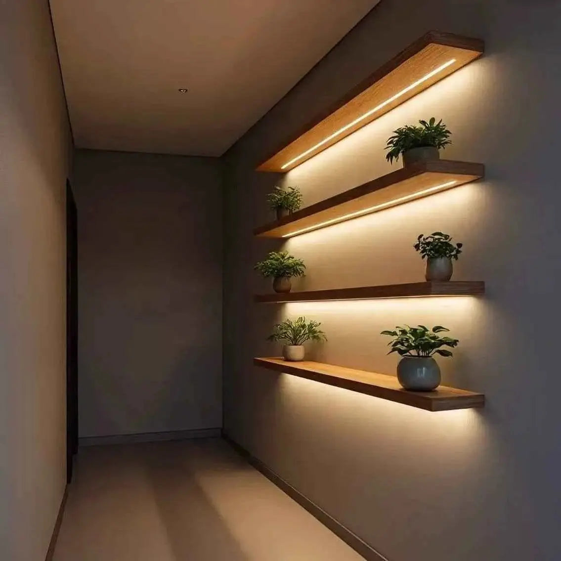 Dark wood floating wall light shelves lighting a hallway, warm LED beneath each shelf