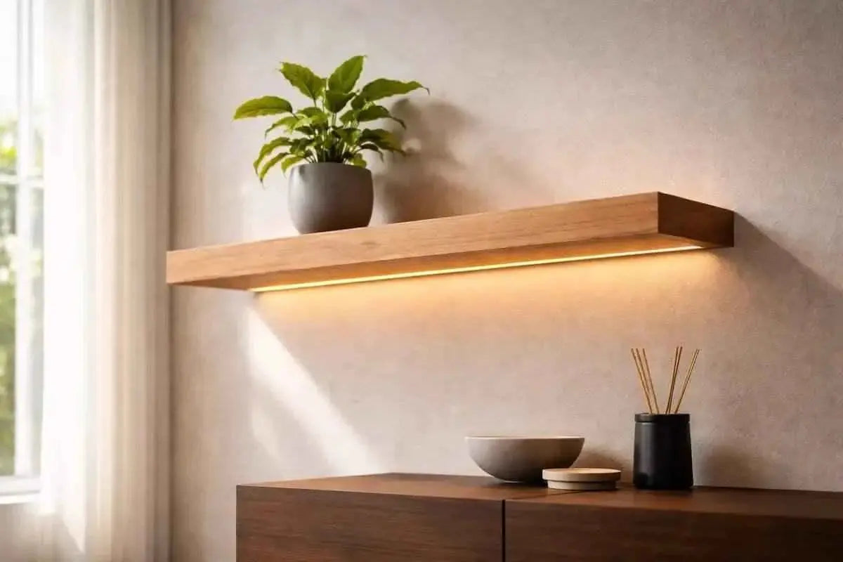 Dark-grained wooden shelf light with amber LED glow, brass box and pampas grass on a sideboard