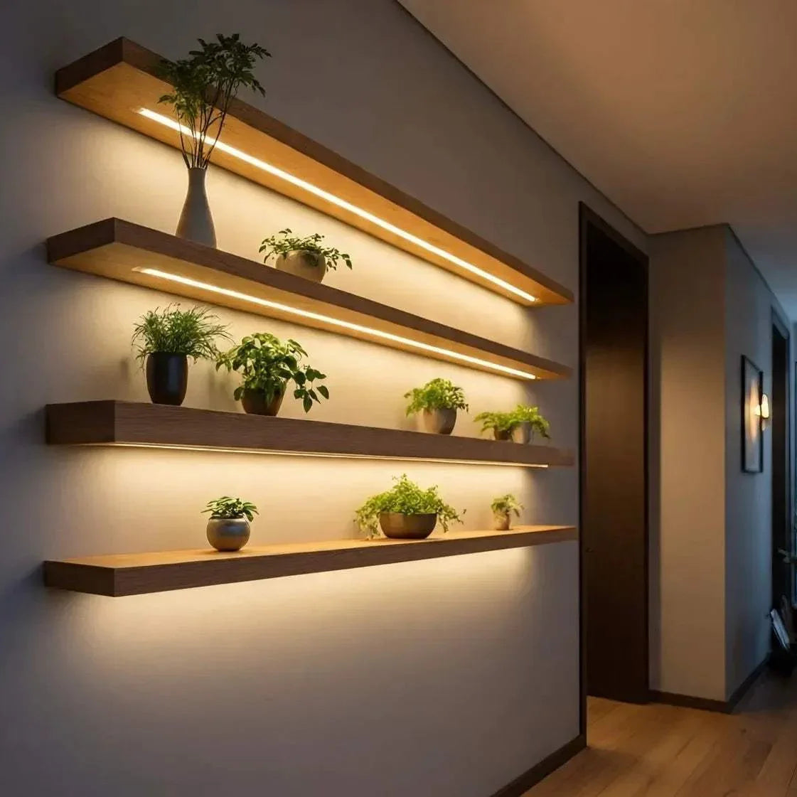 Wooden wall light shelves with plants and built-in lighting — NixWoods wooden wall sconce
