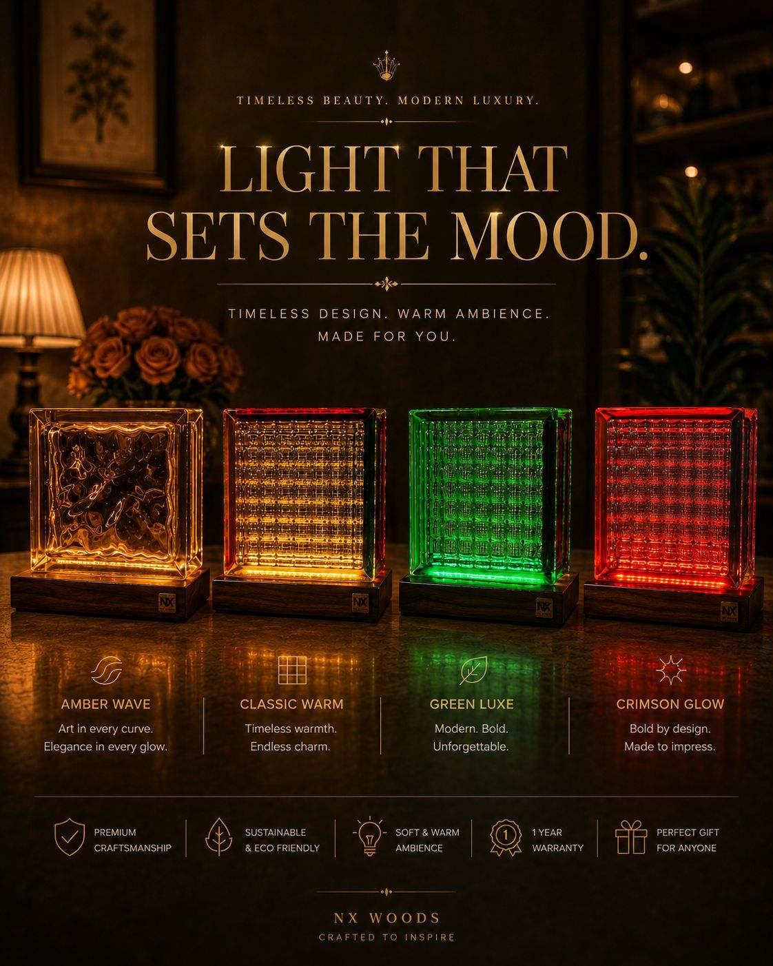 Rubik's Cube table lamp warm ambient glow close-up – NixWoods