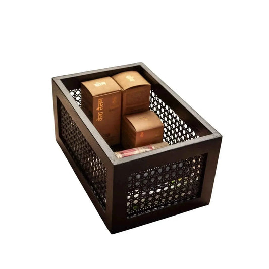 Black Rattan & Teak Storage Basket – Stylish & Multi-Purpose