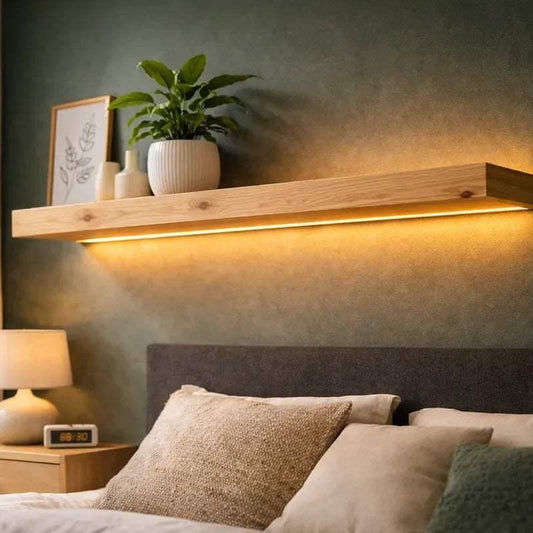 Pine floating wall light shelf lit above a bed - NixWoods bedroom LED wall sconce with shelf