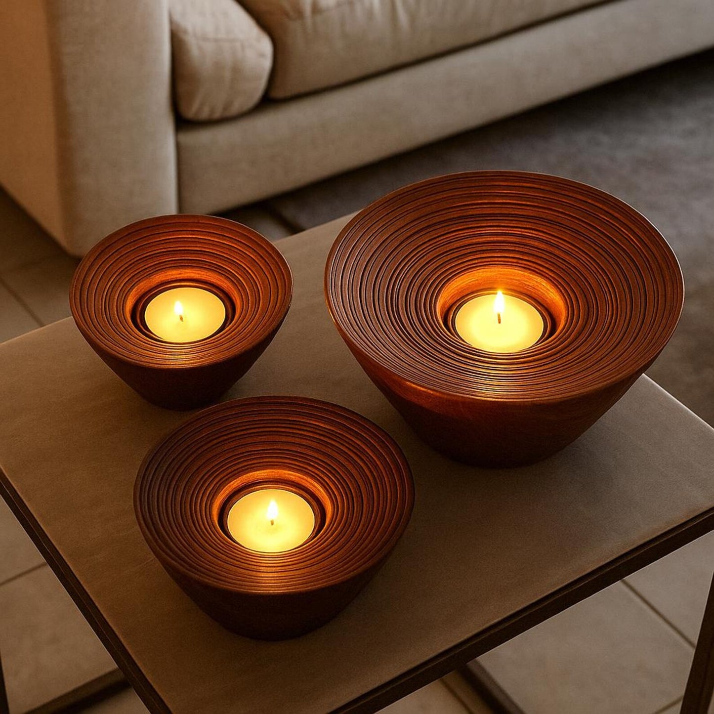 Rosewood Candle Holder – Sculpted Bowl Set of 3 for Ambient Lighting