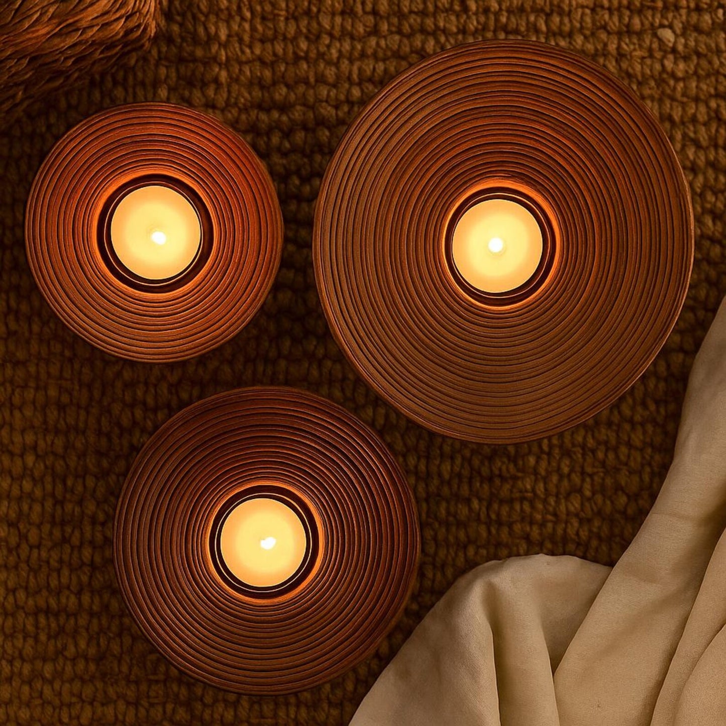 Rosewood Candle Holder – Sculpted Bowl Set of 3 for Ambient Lighting