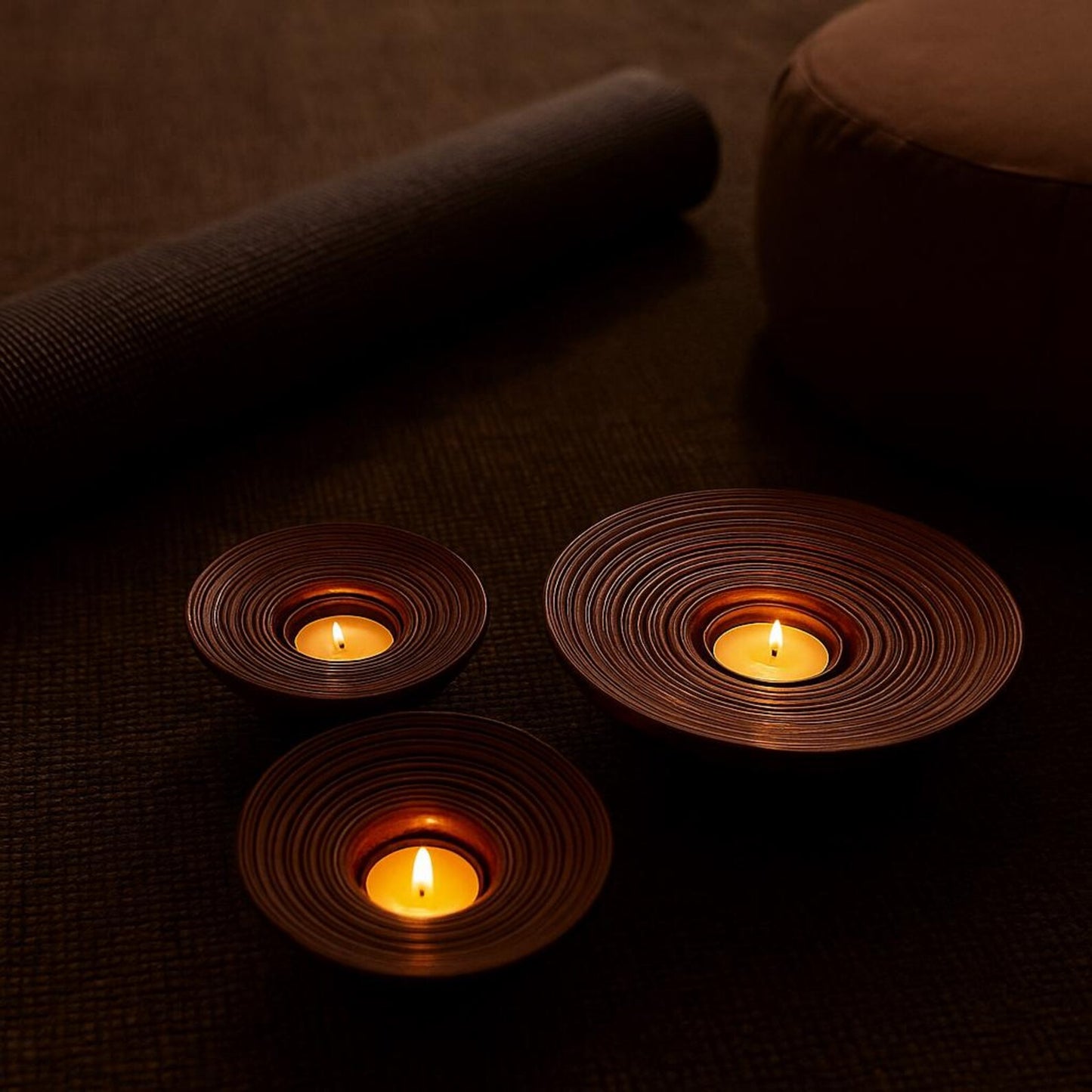 Rosewood Candle Holder – Sculpted Bowl Set of 3 for Ambient Lighting