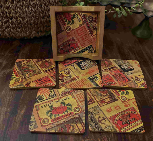 Vintage Japanese Matchbox Label Coaster Set - NixWoods