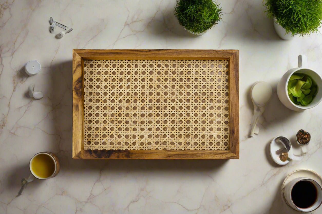 Natural Rattan & Teak Tray – Handmade Elegance (Medium) - Adam Spirit