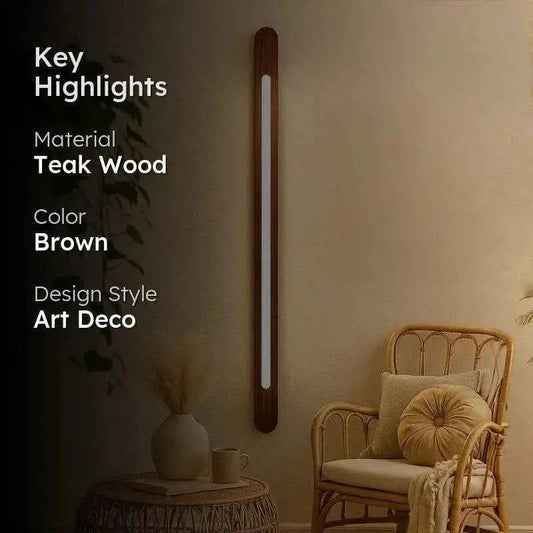 Wooden vertical wall light lit in a dim corner with rattan armchair, key highlights graphic overlay