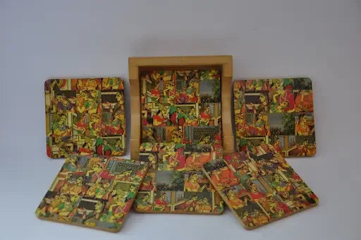Raja Rani Wooden Decoupage Coaster Set - NixWoods
