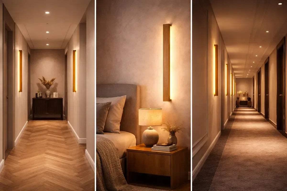 Nix Line 30 inch wood LED wall light casting a soft ambient wall wash at night