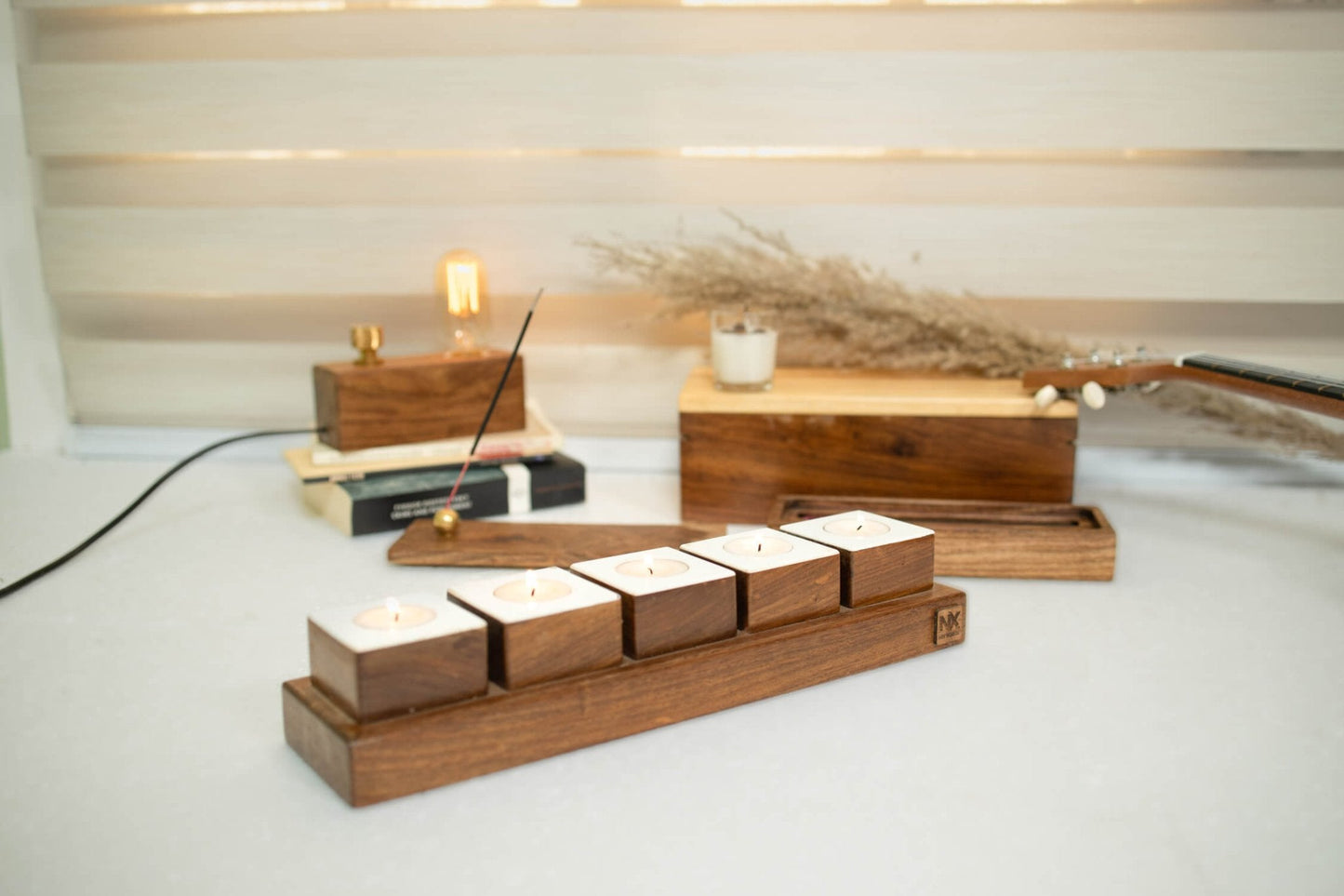 Rosewood Tea Light Holders | Minimalist Candlelight Decor | Set of 5 - Adam Spirit