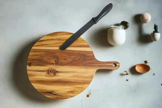 Round Teak Wood Pizza Board – Serve & Slice with Ease