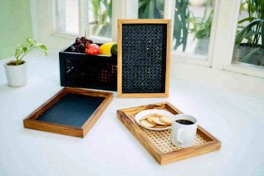 Set of 3 Natural Rattan & Teak Trays – Handwoven Serving Trays for Kitchen & Decor
