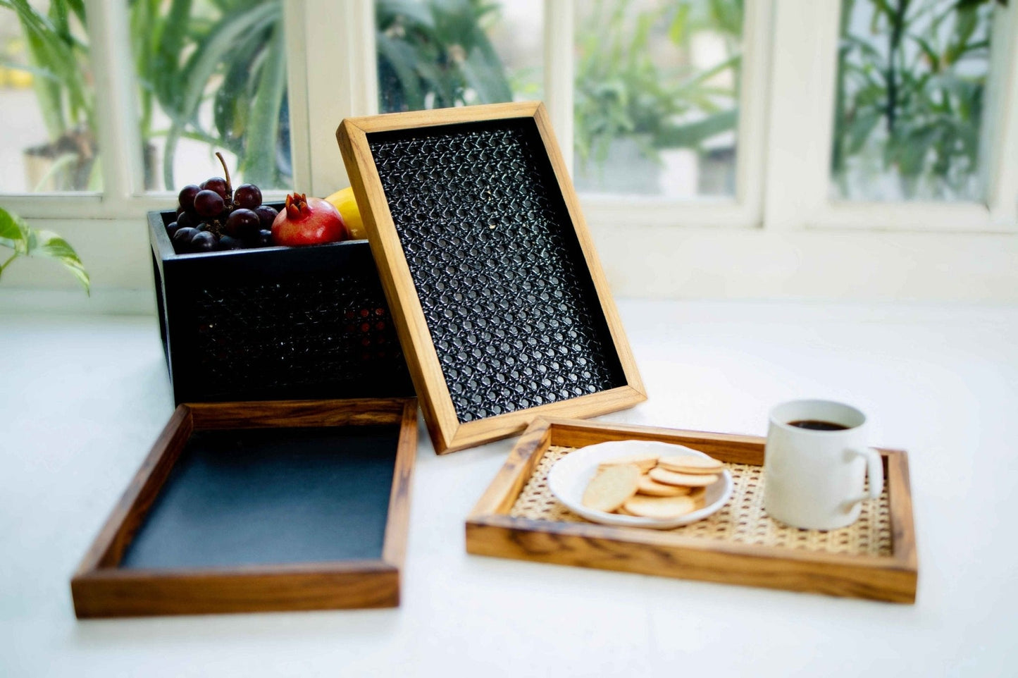 Set of 3 Medium Natural Rattan & Teak Tray – Handmade Elegance - Adam Spirit