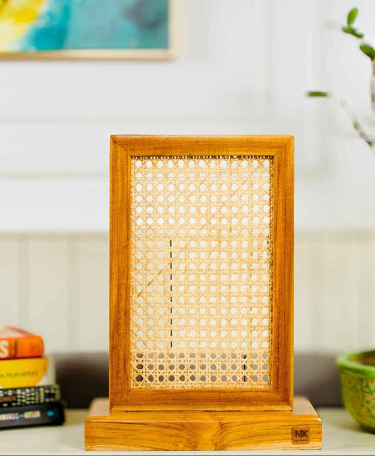 Teak Wood & Cane Table Lamp – Handcrafted Boho Table Light for Warm Ambient Interiors - NixWoods